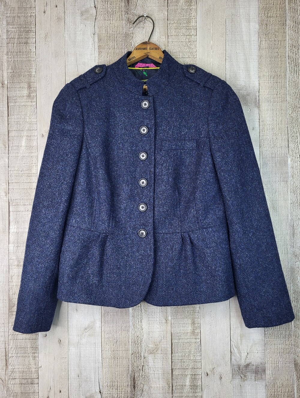 Boden Moon British Tweed Navy Herringbone Button-Front Military Style Jacket